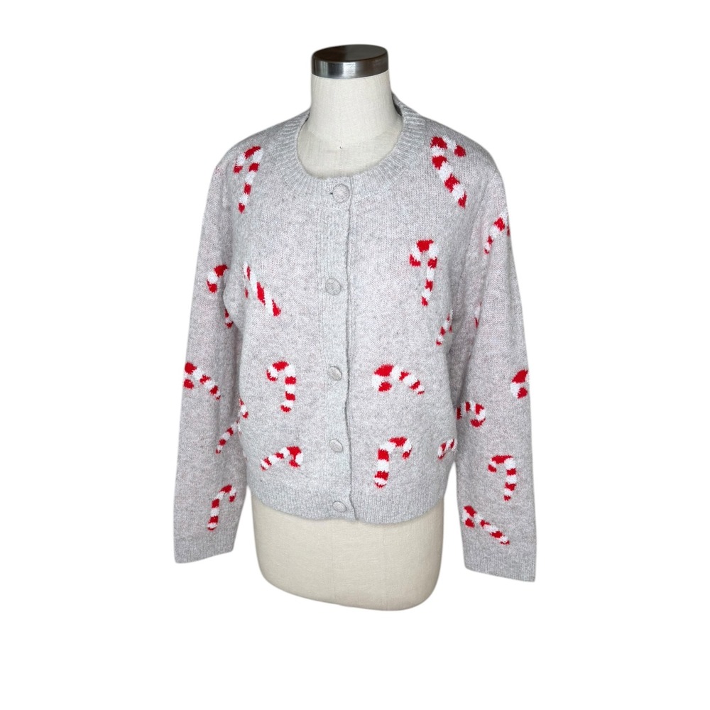 CUPCAKES AND CASHMERE‎ Cardigan Sweater Gray Candy Cane Holiday Women's Large